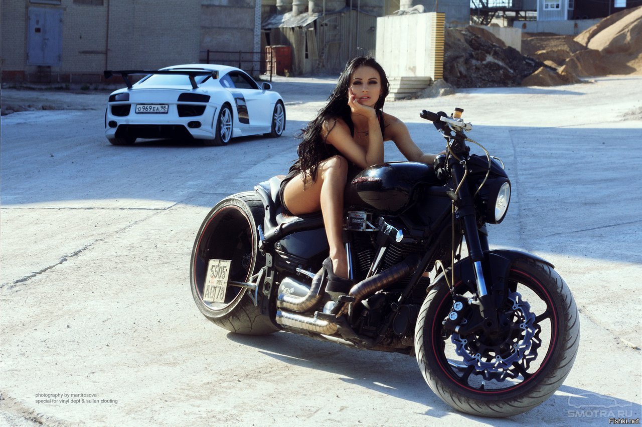 Sexy model Brunettes on a motorcycle in Deyan